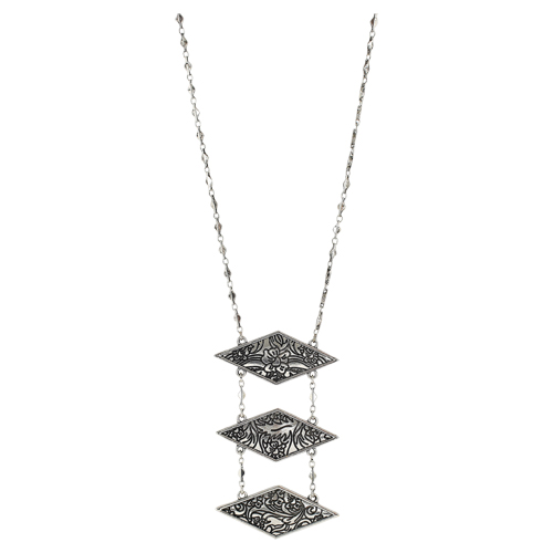 [22173NJ1] JUSTIN NECKLACE TRIPLE DIAMOND SHAPED SILVER CHARM 28" + 2.5" EXT