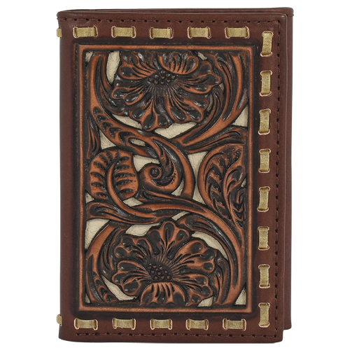 [23094322W1] TONY LAMA MENS TRIFOLD WALLET TOOLING W/RAWHIDE LACING